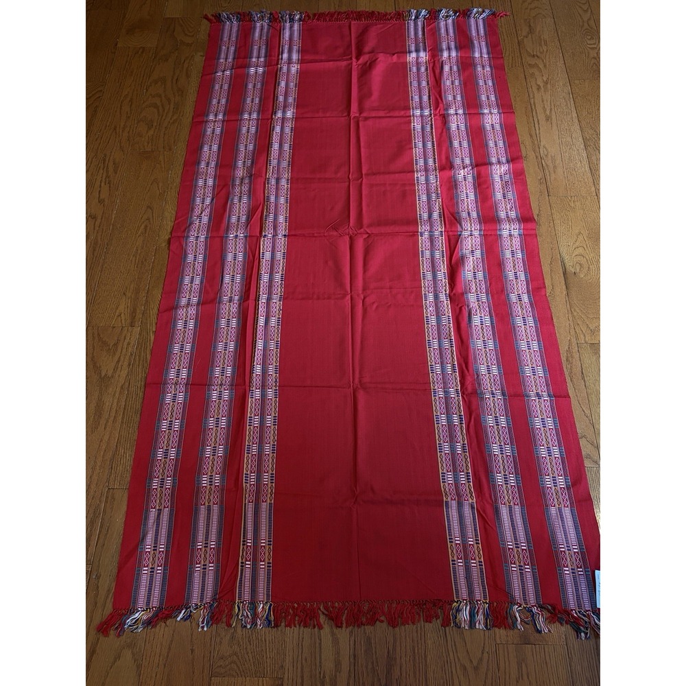 Vintage Manipur Handwoven Cotton Shawl Red Tribal Stripe Fringe India Wrap Throw - Picture 8 of 10